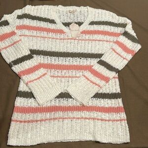 Hem & thread pink, green and cream, striped crochet sweater V-neck